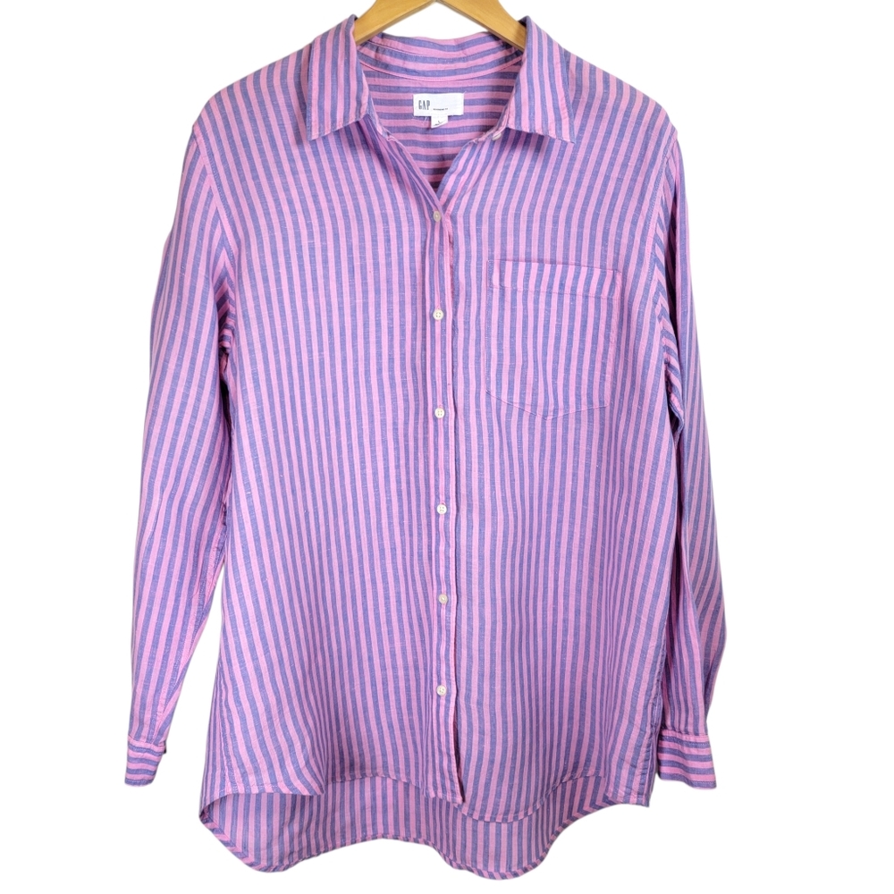 GAP 100% Linen Boyfriend Fit Button Up Shirt Sz L Stripes Nautical Academia EUC